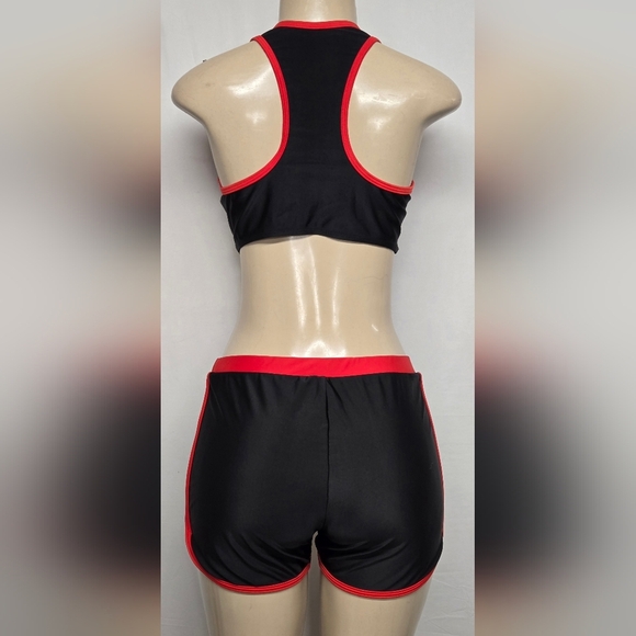 XXL Black And Red Cropped Tankini Shorts Racerback Padded Bra Athletic Style - Picture 4 of 7
